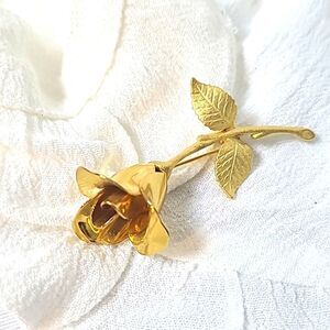 Vintage Gold Tone Smooth/ Textured Long Stem Rose Brooch/Lapel Pin